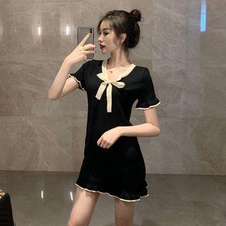 Short-sleeve Ribbon-neck Mini Dress
