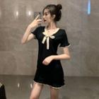 Short-sleeve Ribbon-neck Mini Dress