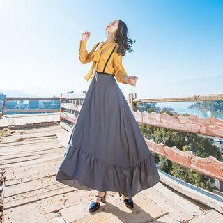 Set: Tie Neck Blouse + High Waist Midi Suspender Skirt