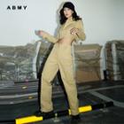 Plain Cargo Cropped Top / High-waist Embroider Letter Straight-cut Pants