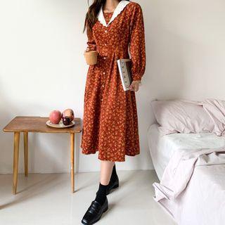 Lace-collar Floral Print Corduroy Dress