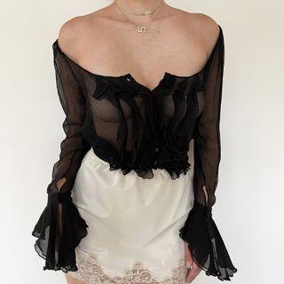 Flare Sleeve Sheer Button-up Top