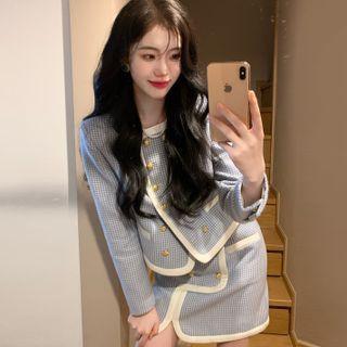 Double-breasted Houndstooth Jacket / Mini A-line Skirt