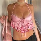 Halter Ruffle Trim Cropped Camisole Top Pink - One Size