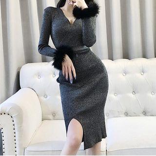 Long-sleeve Glitter Midi Sheath Knit Dress Dark Silver - One Size