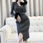 Long-sleeve Glitter Midi Sheath Knit Dress Dark Silver - One Size