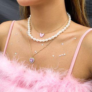 Set Of 3: Layered Faux Pearl Rhinestone Pendant Necklace 0750 - Gold - One Size