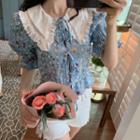 Puff Sleeve Lace Trim Collar Floral Print Cropped Blouse