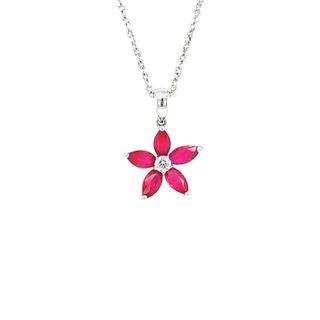 18k White Gold Flower Dangling Pendant With Ruby & Diamonds One Size