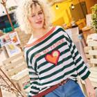 3/4-sleeve Striped Embroidered Knit Top