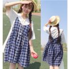 Set: Lace Up Short-sleeve T-shirt + Plaid Spaghetti Strap Dress