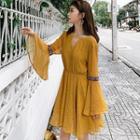 Long-sleeve Open Back Print Mini A-line Dress