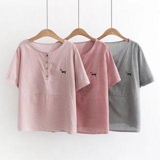 Dog Embroidered Short-sleeve Plaid Top