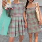 Plaid Strappy A-line Dress / Short-sleeve Pleated Dress