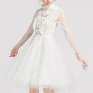 Rhinestone Button Lace Panel Long-sleeve A-line Dress