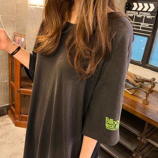 Lettered Long T-shirt Dress Charcoal Gray - One Size