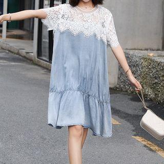 Short-sleeve Lace Panel Denim Dress