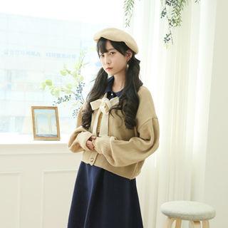 Beribboned Knit Cardigan Beige - One Size