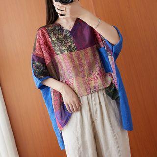 Printed Panel Elbow-sleeve V-neck Blouse