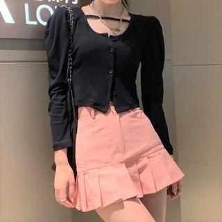 Long-sleeve Button-up Crop Top / Pleated Mini A-line Skirt