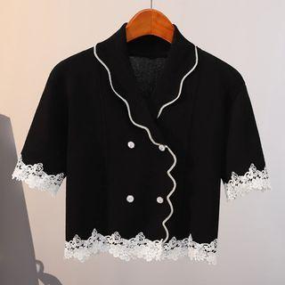 Lace Trim Short-sleeve Knit Top Black - One Size