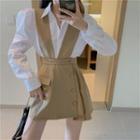 Puff Sleeve Plain Shirt / Asymmetric Pleated Suspender Dress