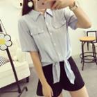 Short-sleeve Tie-hem Striped Shirt