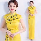 Cap-sleeve Floral Embroidered Qipao Maxi Dress