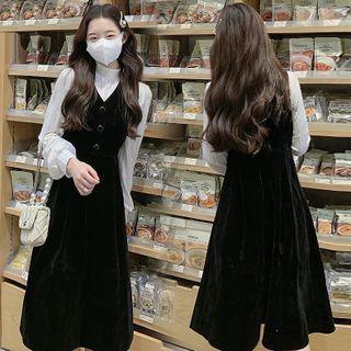 Lace Blouse / V-neck Midi Overall Dress