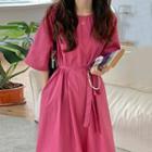 Short-sleeve Plain A-line Dress Rose Pink - One Size