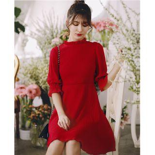 Elbow-sleeve Frill-trim A-line Dress