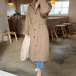 Single-breasted Coat With Sash Dark Beige - One Size