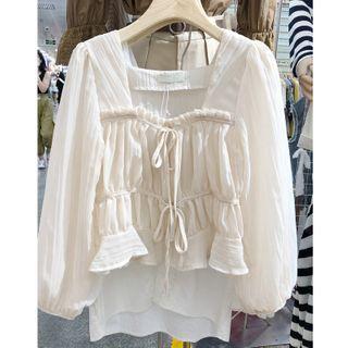 Square-neck Plain Lace-trim Puff Long-sleeve Top