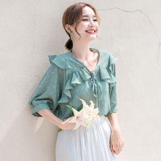 Heart Print Elbow-sleeve Ruffle Chiffon Blouse