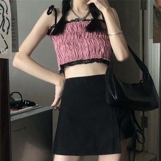 Lace Trim Shirred Cropped Camisole Top / Lace-up Mini A-line Skirt