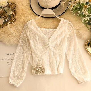 V-neck Long-sleeve Shirred Lace Top