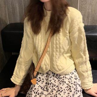 Cropped Cable Knit Cardigan / Floral Print Midi A-line Skirt