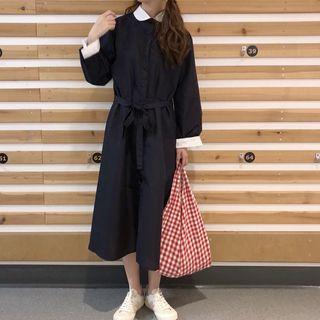 Long Sleeve Contrast Trim Oversized Dress Navy Blue - One Size
