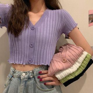 Short-sleeve Button Crop Knit Top