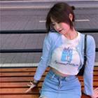 Short-sleeve Print Cropped T-shirt / Long-sleeve Plain Knit Cardigan