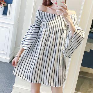 Striped Off Shoulder 3/4 Sleeve Chiffon Dress