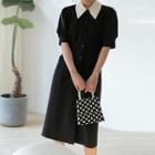 Color-block Collar Short-sleeve Dress Black - One Size