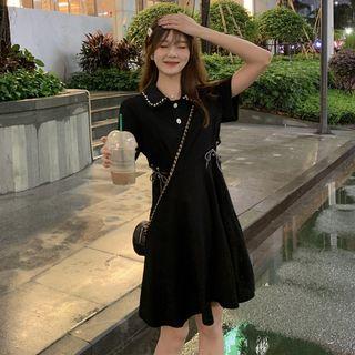 Collared Short-sleeve A-line Dress Black - One Size