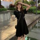 Collared Short-sleeve A-line Dress Black - One Size
