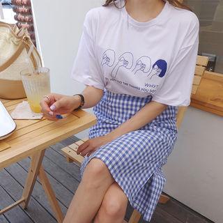 Set: Round-neck Printed T-shirt + Flat-front Gingham Skirt