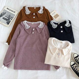 Plain Panel Lace-trim Long-sleeve Knit Top
