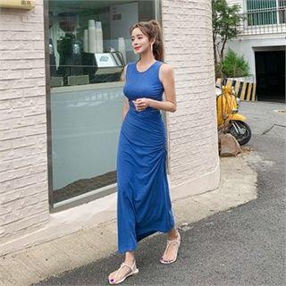 Sleeveless Slit-waist Shirred Dress