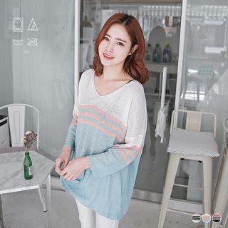 Colored-striped V-neck Sheer Sweater