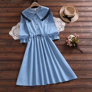 Long-sleeve Lace Trim Drawstring A-line Dress