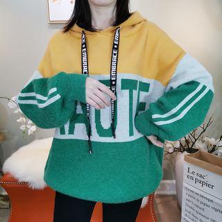 Lettering Color Block Hooded Sweater As Shown In Figure - One Size